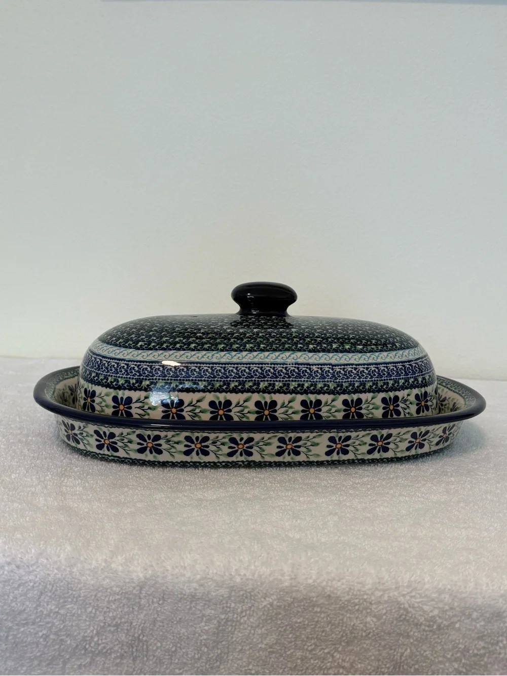 Polish Pottery Hand-Painted Ceramic Large Covered Dish